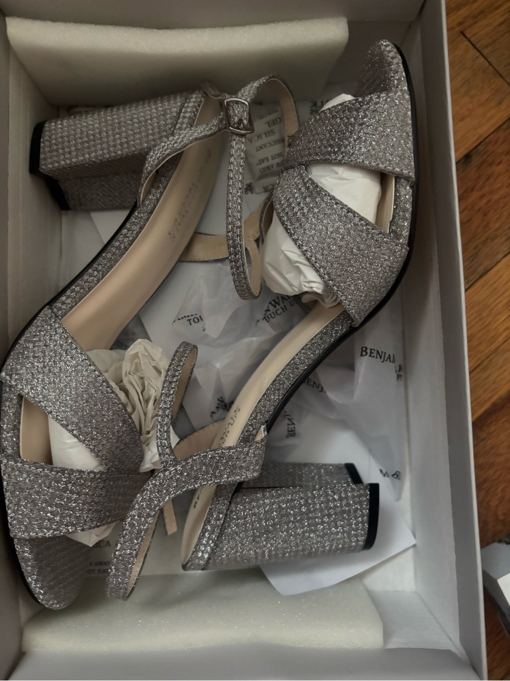 Benjamin Walk Silver Glitter Block Heel Sandals with Ankle Strap